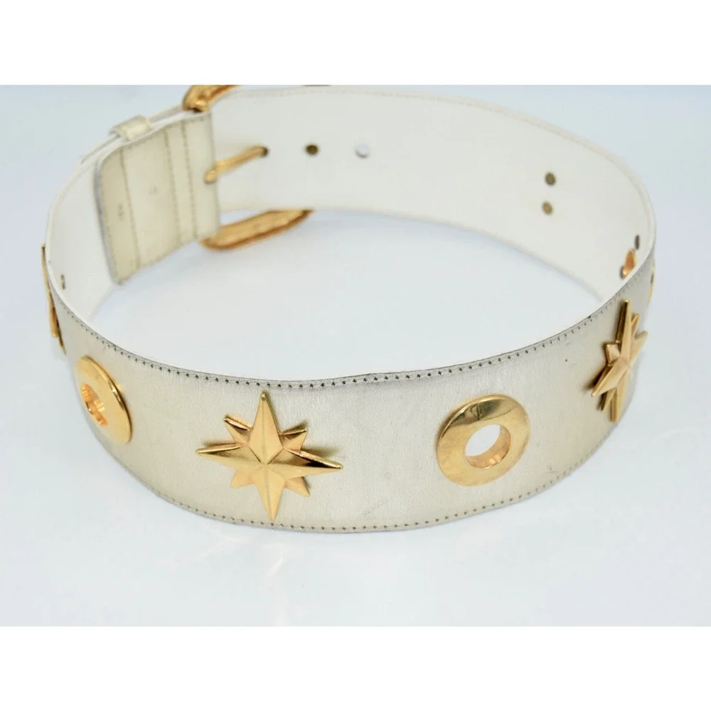 34Vintage Escada Champagne Metallic Gold Star Charm Leather Waist Belt 34
